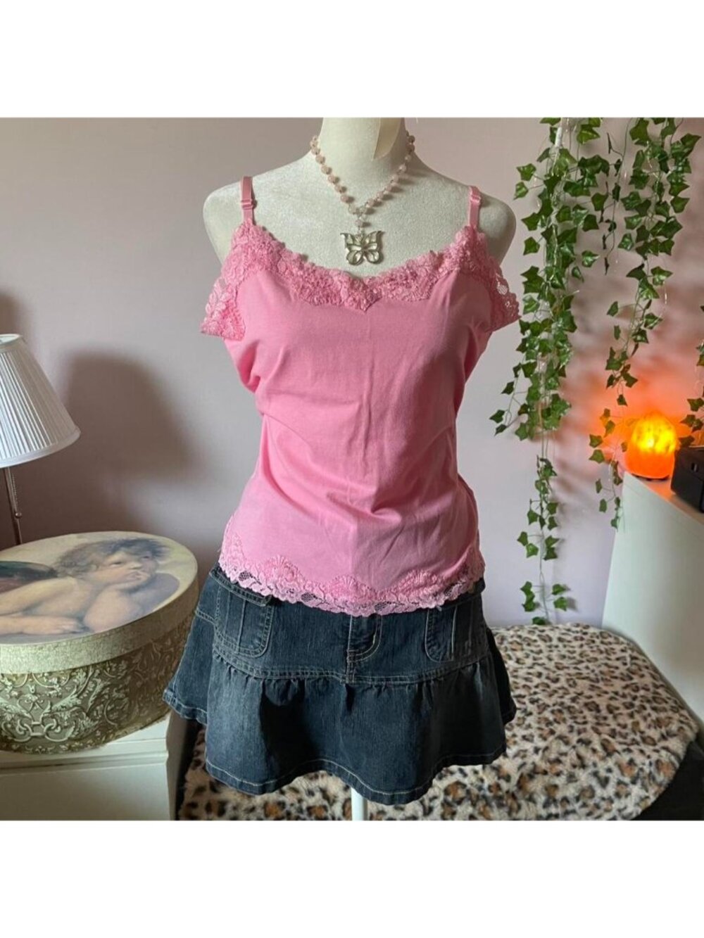 Vintage Cleo pink lace cami top with beaded details